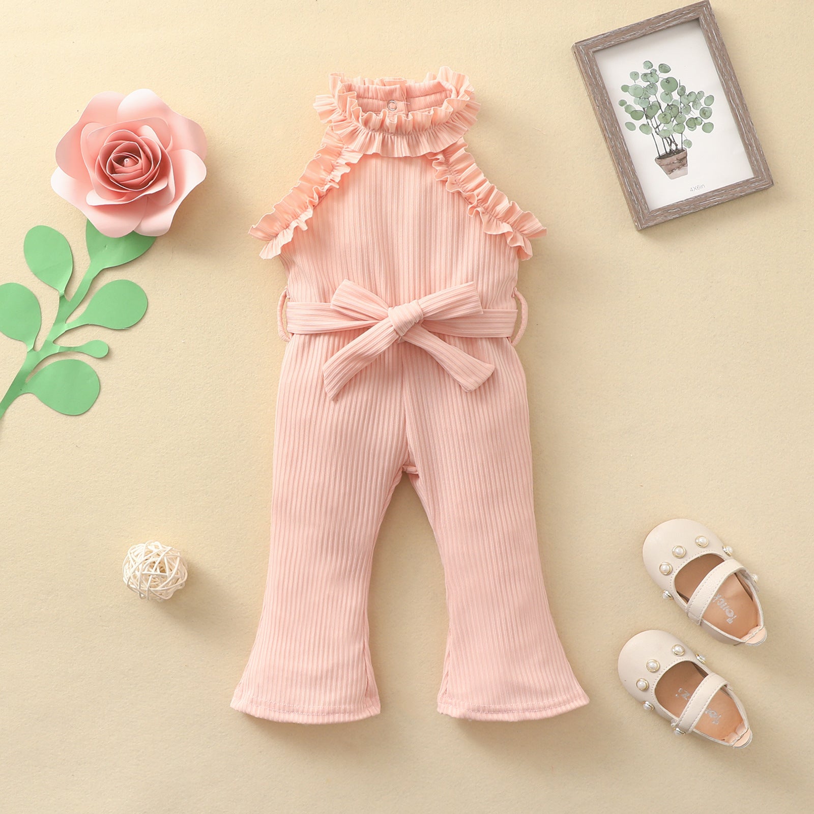 Infants And Girls High Neck Lace Strapless Onesie With Belt