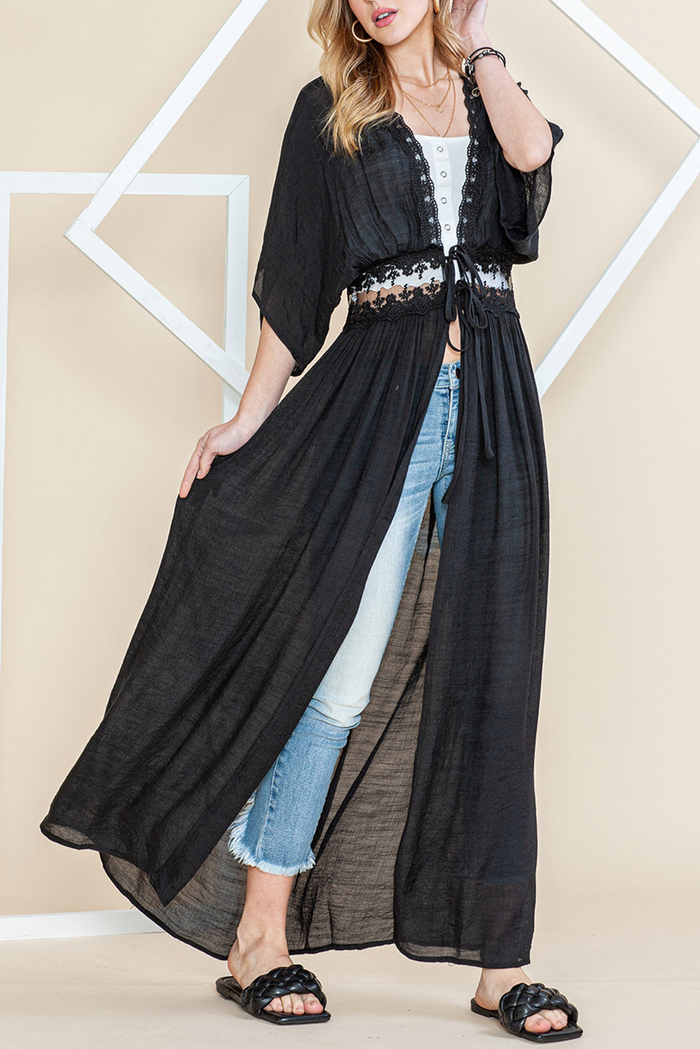 Black Lace Splicing Open Front Maxi Kimono - Babbazon Cover-ups