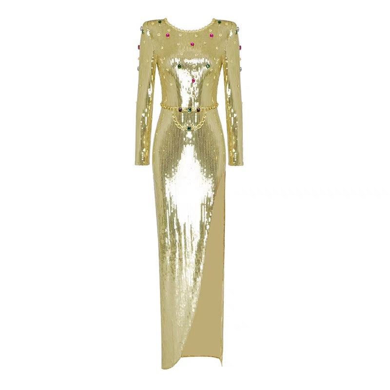 Long Sleeve Sequin Slit Diamond Diamond Retro Ladies Dress