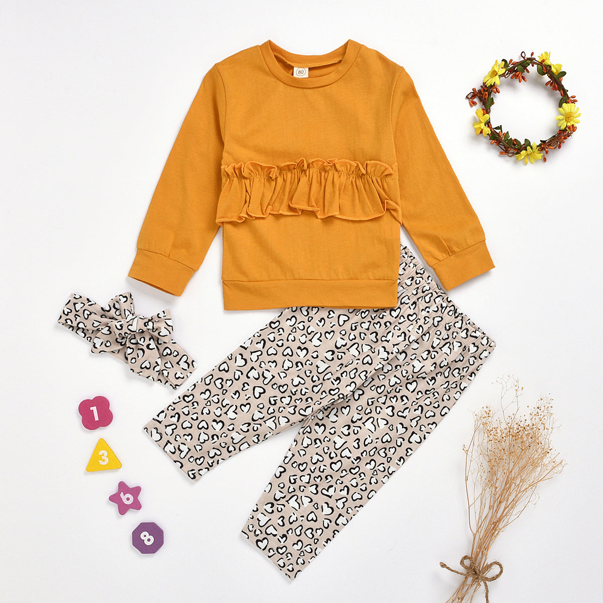 New Children's Long Sleeve Lace Leopard Trousers Bow Set
