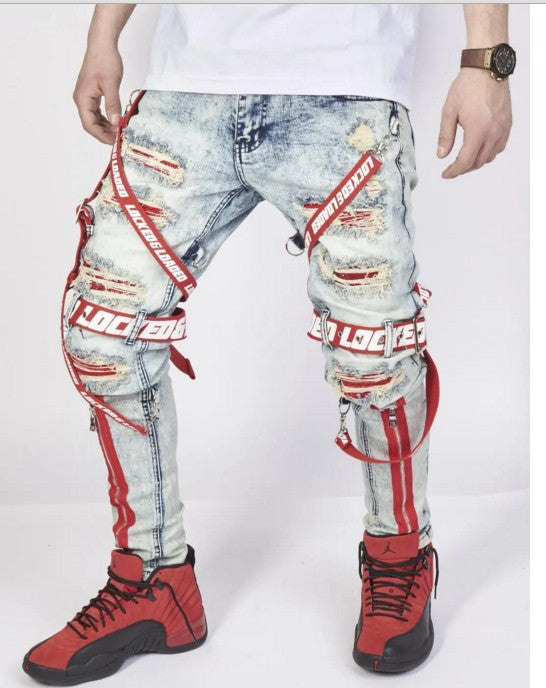 Red Webbing Jeans With Ripped Feet And Zipper Slim Fit Men's Clothing