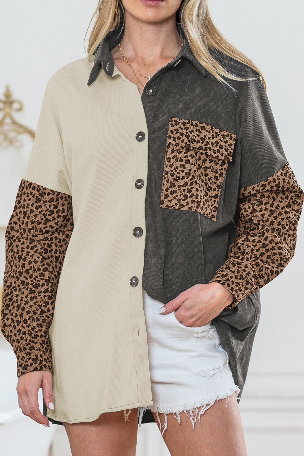 Wholesale Gray Color Block Leopard Patchwork Casual Corduroy Shacket - Babbazon Jackets