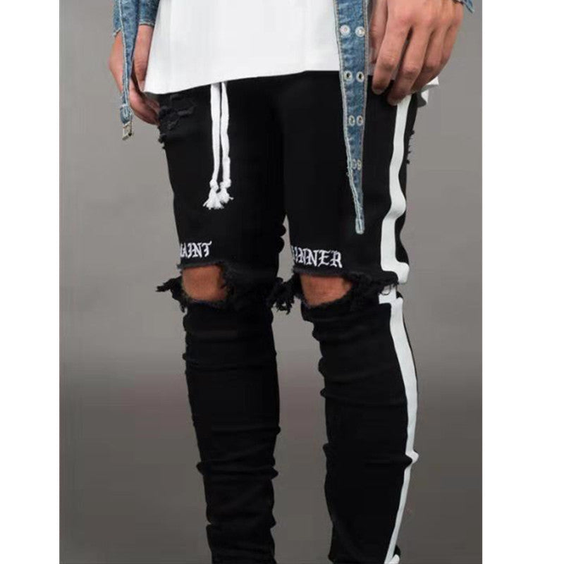 Denim trousers black male ripped jeans