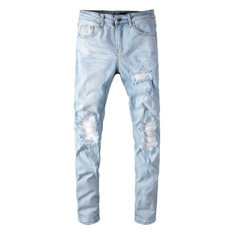 Trendy Brand Jeans Light Blue Ripped Patch Slim Fit Calf Pants Men