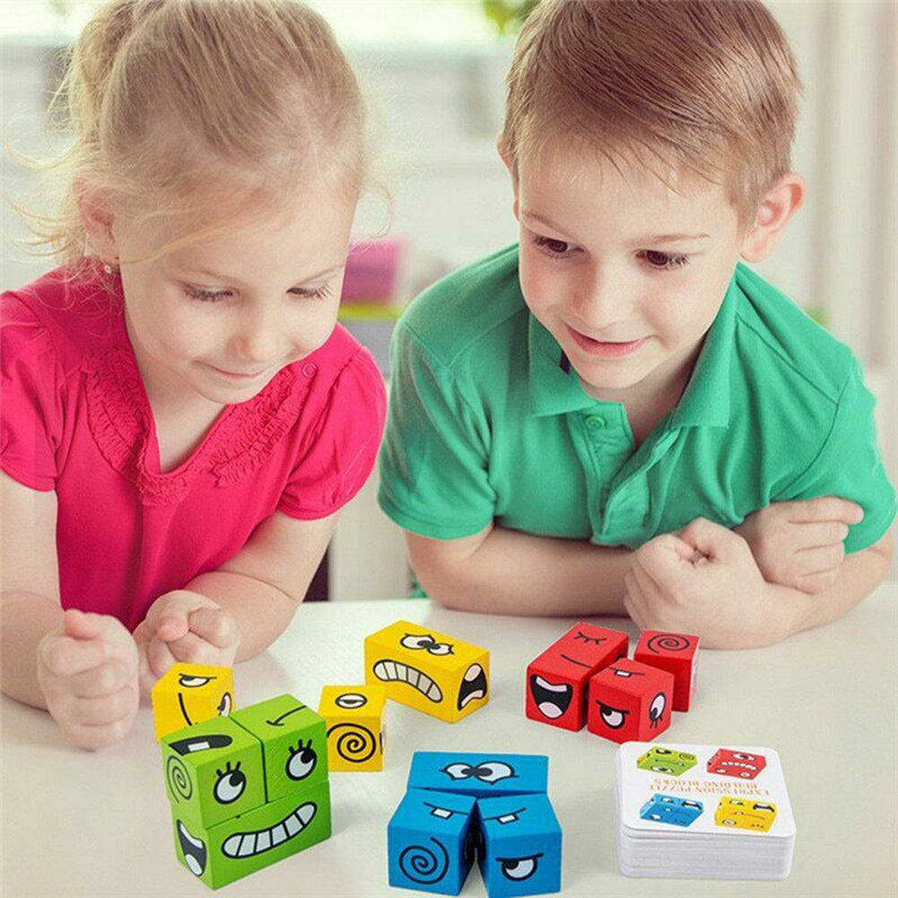 Wooden Expressions Toy - Magic Cube Face Pattern Building Blocks 