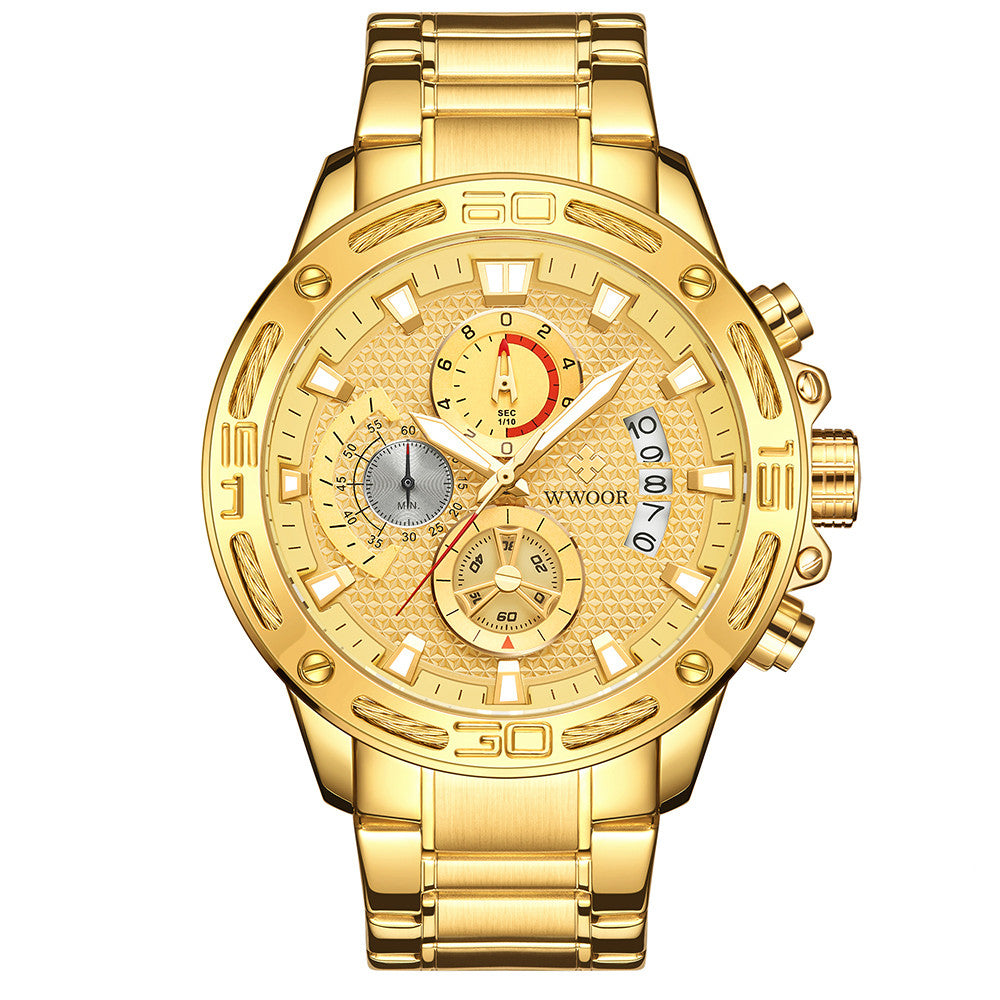 WWOOR Fashion Mens Watches Top Brand Luxury Gold Full Steel Quartz Watch Men Waterproof Sport Chronograph Relogio Masculino