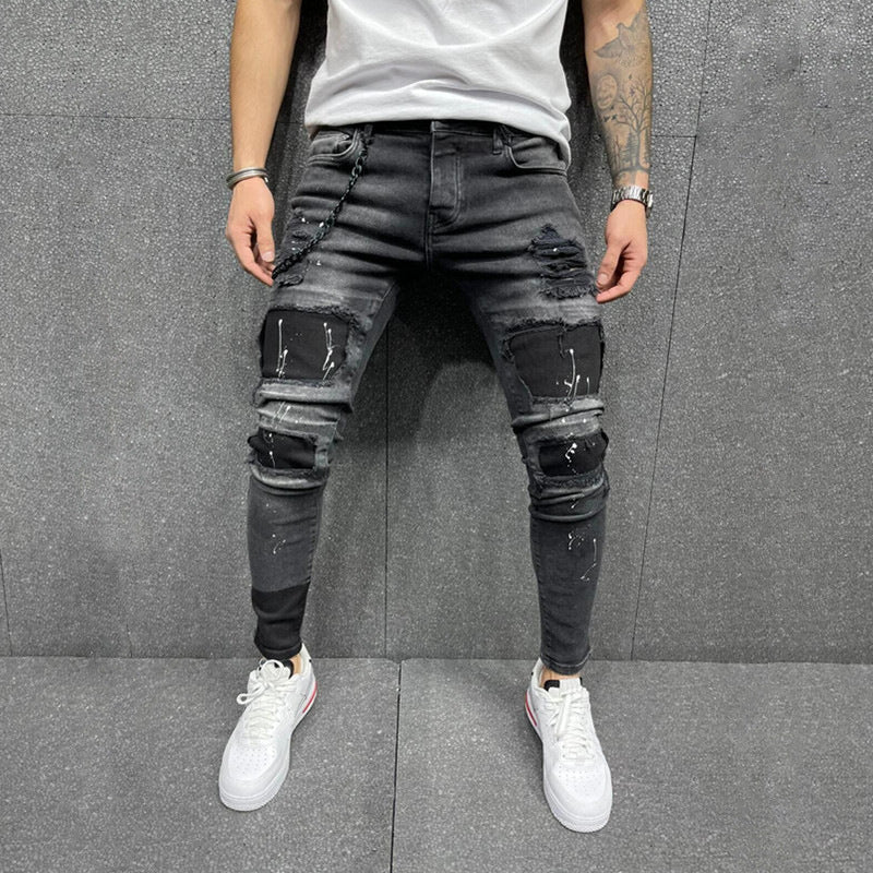 Men's New Patch Ripped Elastic Skinny Jeans