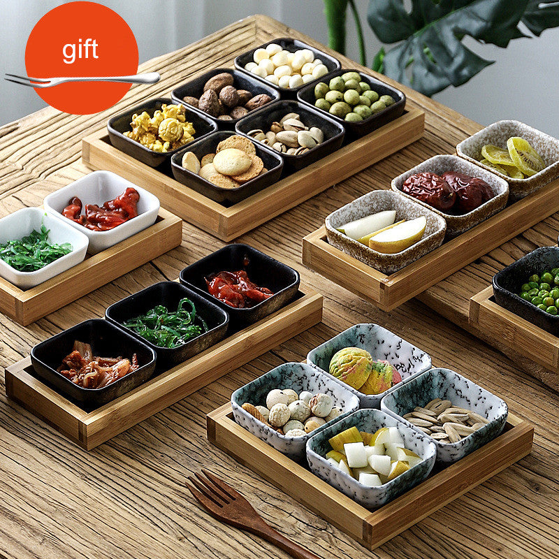 Japan Style Ceramic Fruits Plates with Bamboo Serving Tray