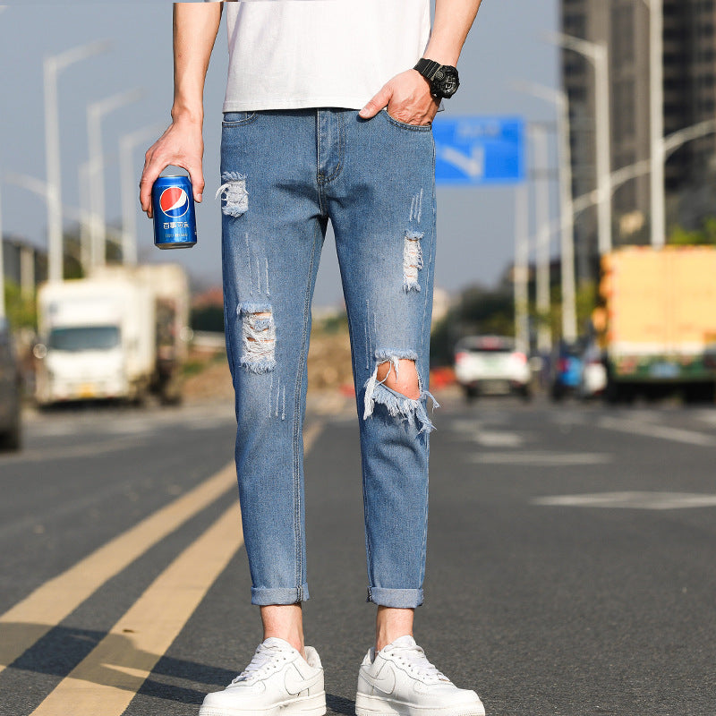 Spring and Summer Men's Ripped Slim-fit Jeans