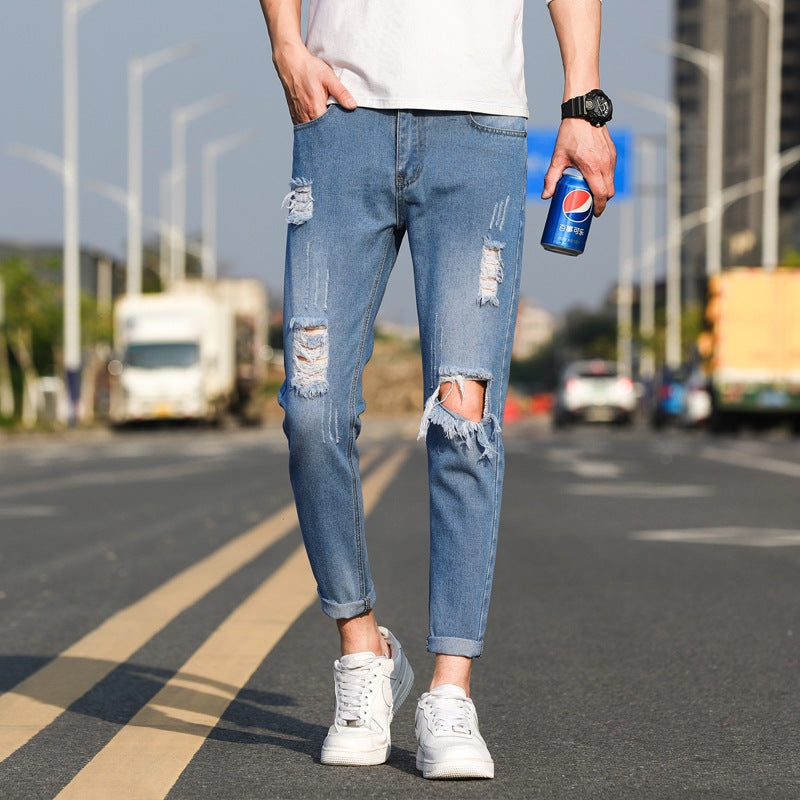 Spring and Summer Men's Ripped Slim-fit Jeans