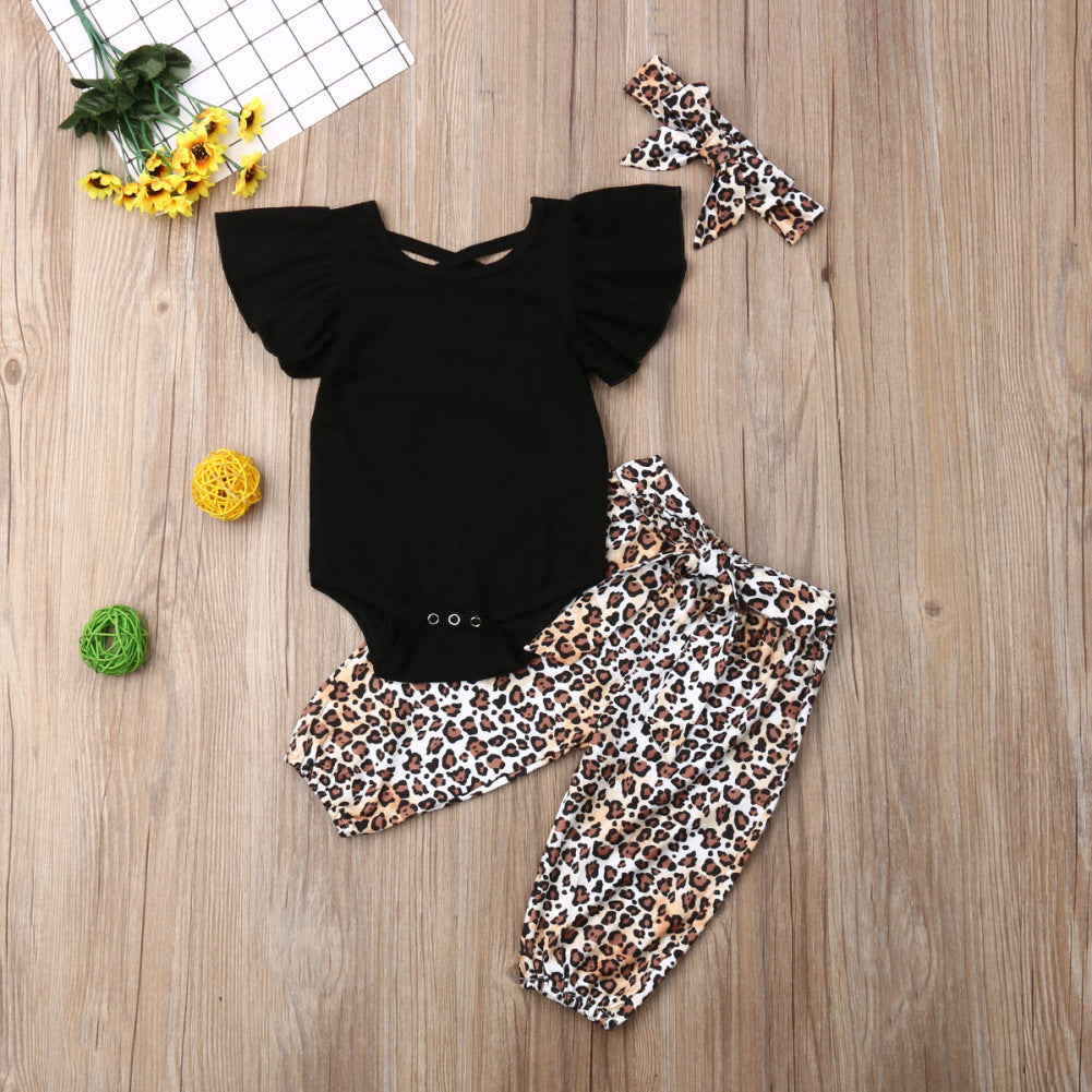 Black Short-sleeved Top And Leopard Print Trousers Suit