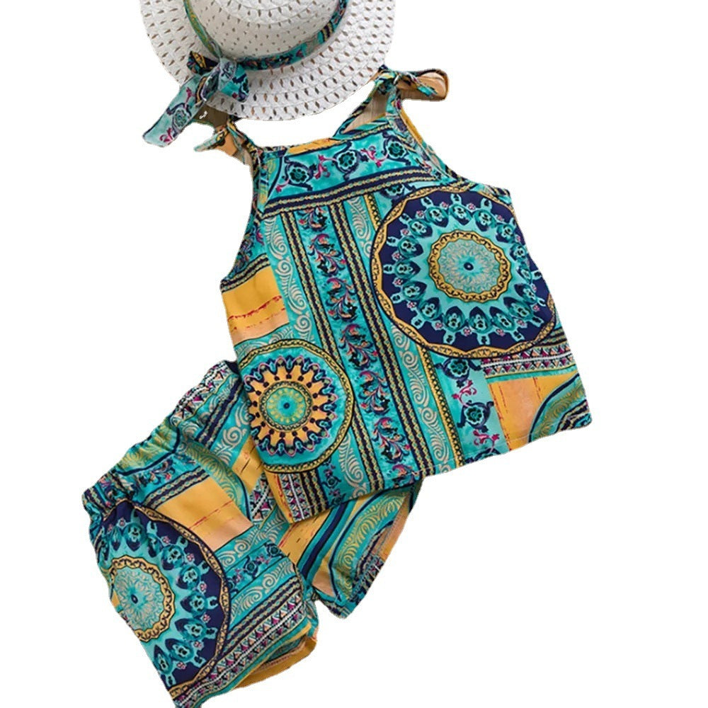 Two-piece Ethnic Retro Suit With Sling