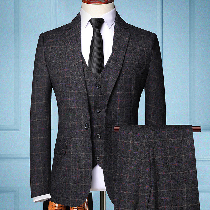 Plaid Suit Men's Suit Three-piece Suit Groom Wedding Dress Small Suit Trendy Jacket 
