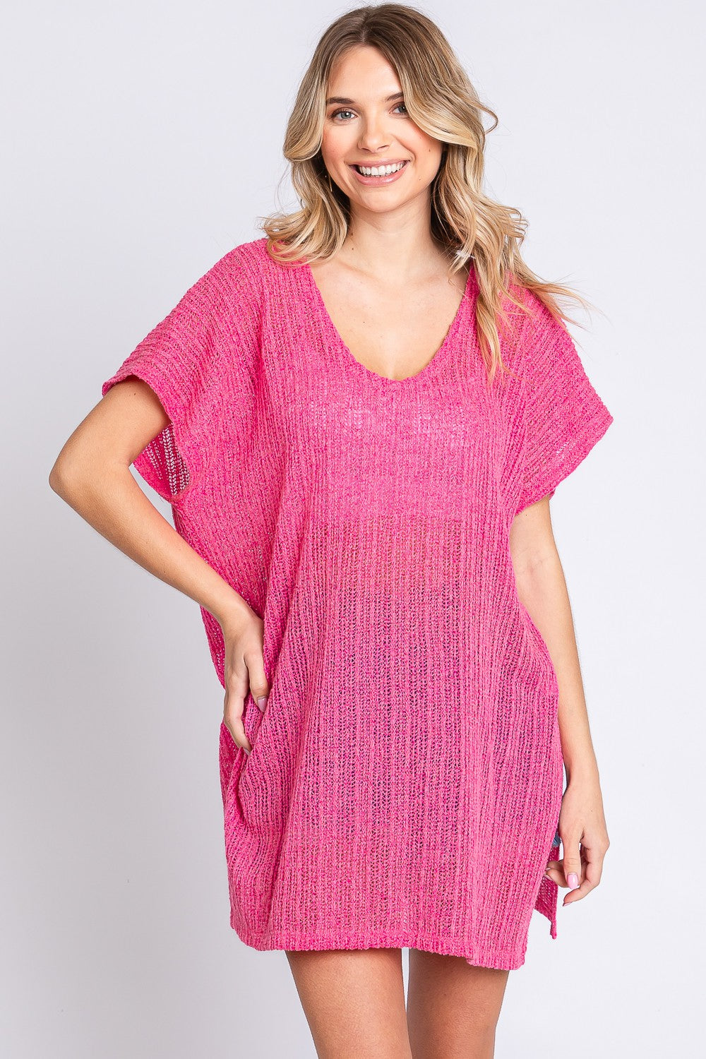 GeeGee Short Sleeve Side Slit Knit Cover Up Dress - Babbazon PINK CLOTHING