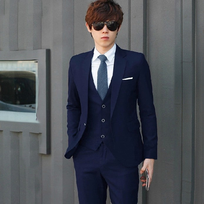 Solid color suit three-piece men's Korean version of the self-cultivation wedding dress business suit 