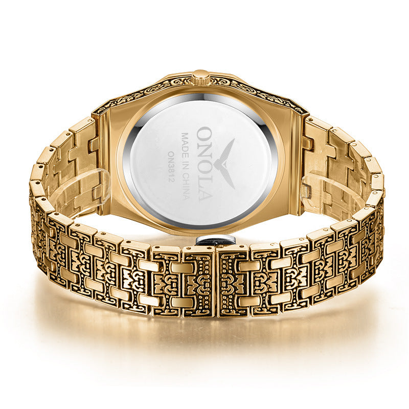 ONOLA vintage carved watch man waterproof Original steel band wristwatch fashion classic designer luxury brand golden mens watch