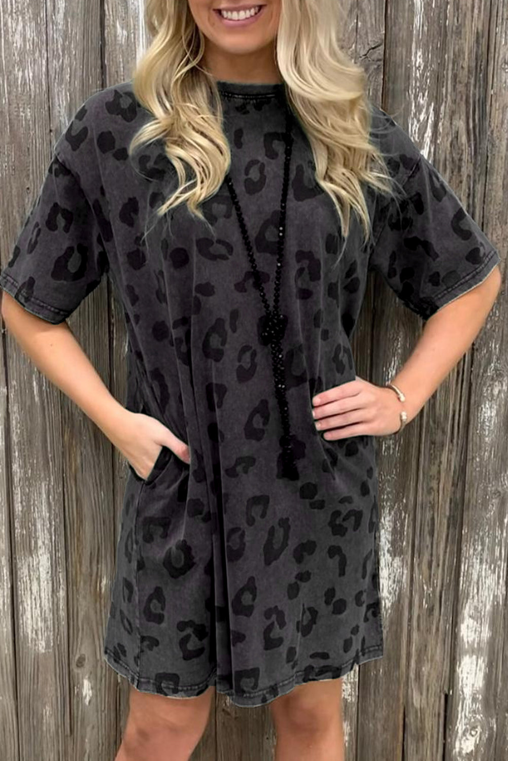 Gray Short Sleeve Casual Leopard Print Dress With Pockets - Babbazon Short Dresses