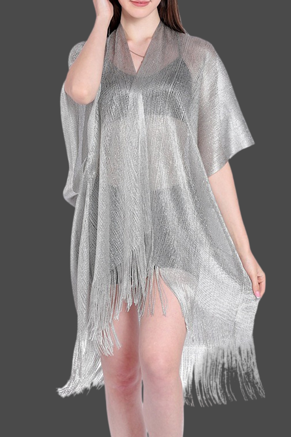 Gold Batwing Sleeve Tasseled Mesh Beach Cover Up - Babbazon Cover-ups