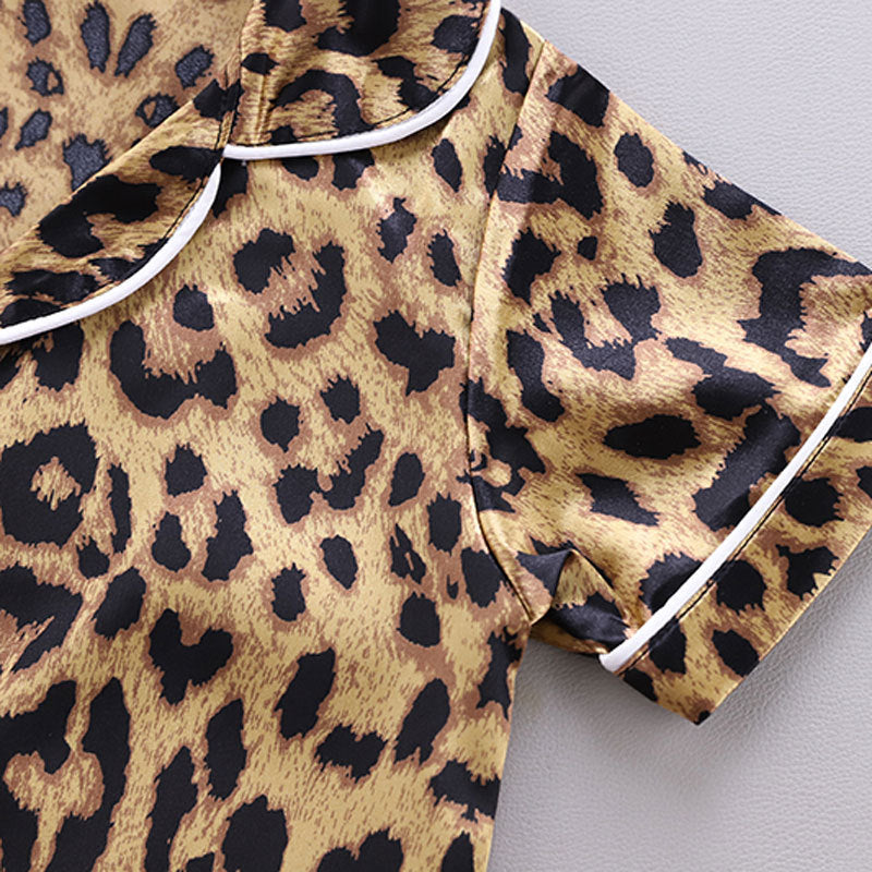 Children's Homewear Leopard Print Ice Silk Pajamas Short Sleeve Set