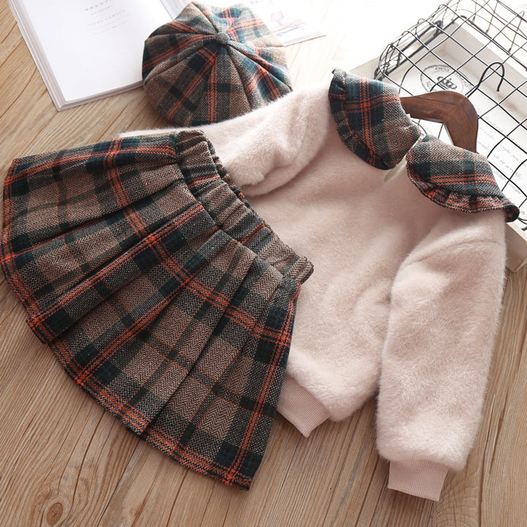Girls' Stitching Pullover Sweater And Plaid Pleated Skirt Two-piece Suit