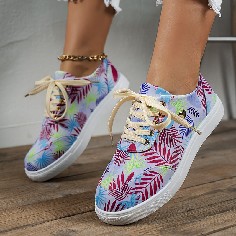 Canvas Shoes For Women Lace-Up Flats Leaves Print Casual Sneakers Round Toe Shoes 
