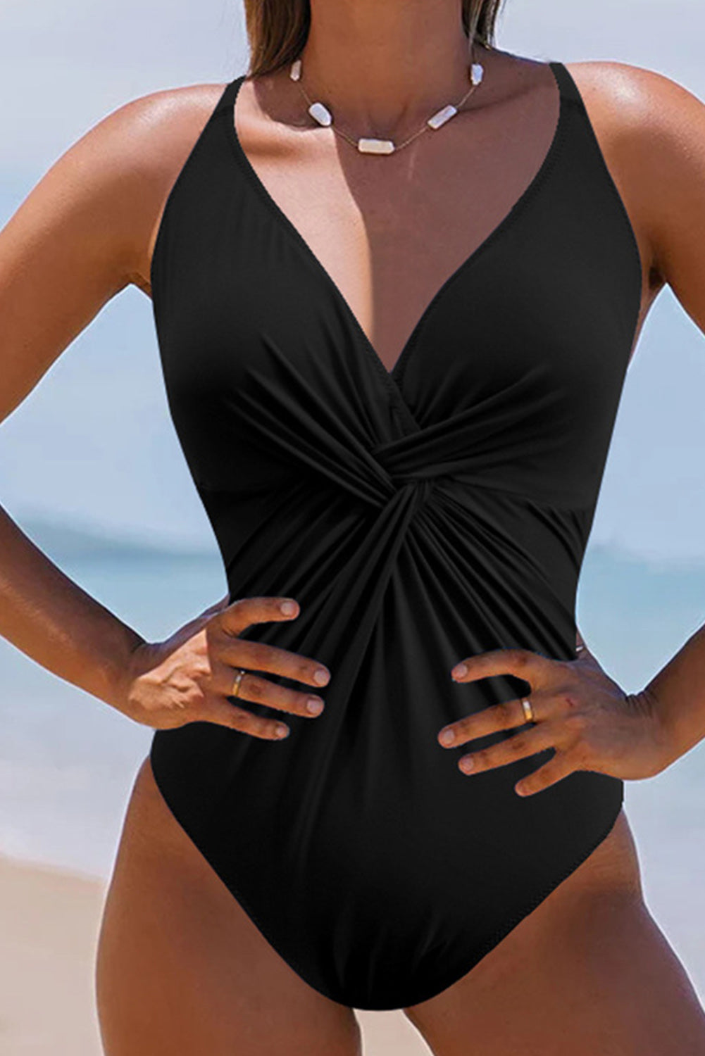 Black V Neck Twist Ruched Crisscross Backless One-Piece Swimsuit - Babbazon One-Piece