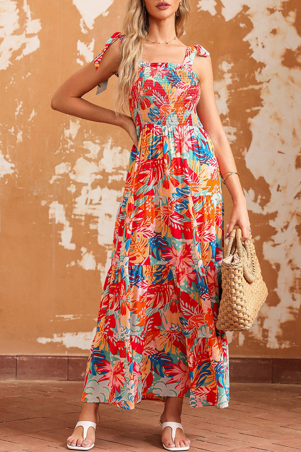 Multicolor Boho Tropical Print Smocked Ruffle Tiered Maxi Dress - Babbazon Maxi Dresses