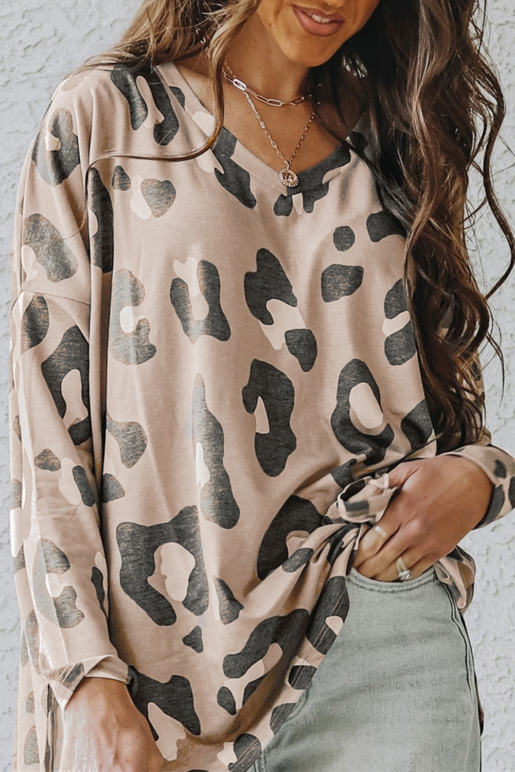 Khaki Leopard Print V Neck Long Sleeve Shirt - Babbazon Long Sleeve Tops