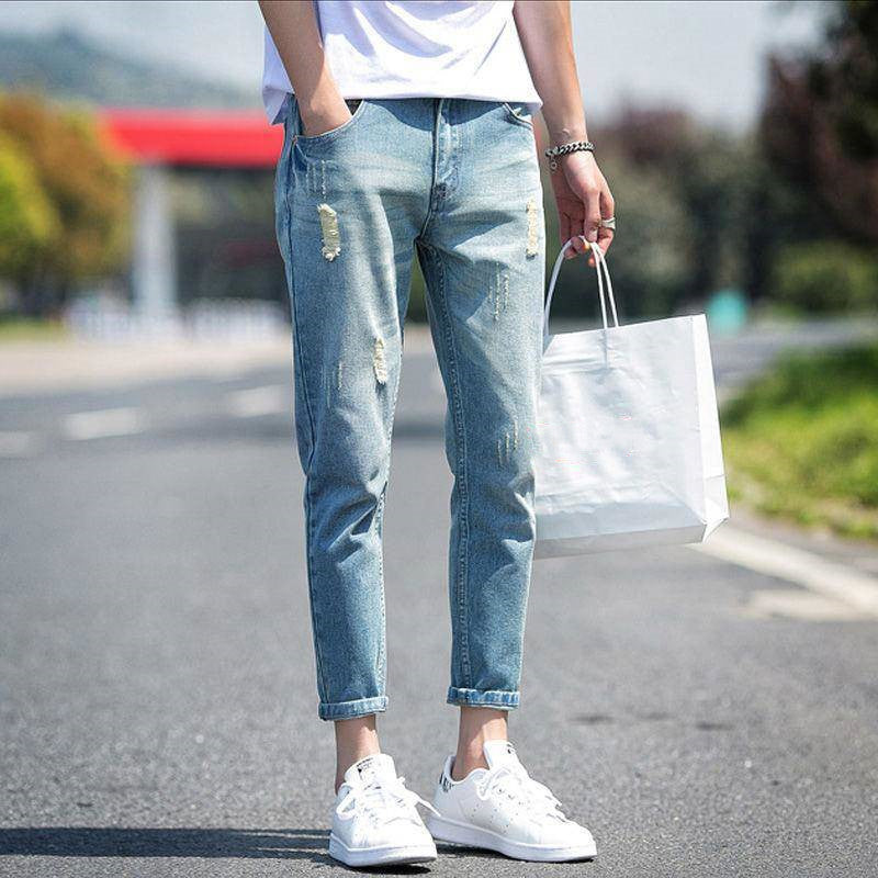 Men's ripped jeans cropped trousers