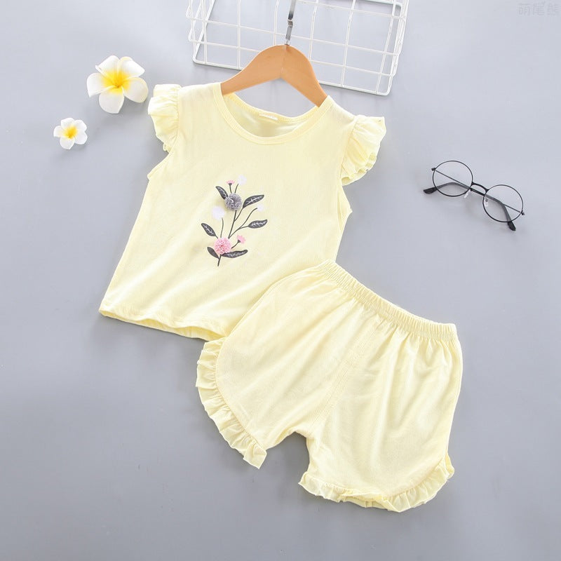 Girls Sleeveless Lace Vest Children's Casual Shorts Summer New Fashion Solid Color Short-sleeved Children's Clothing Suit