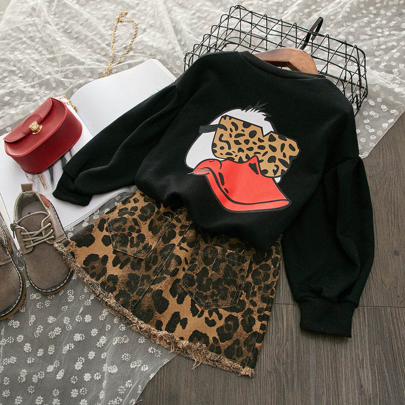 Duck Long Sleeve Sweater Leopard Print Denim Skirt Set