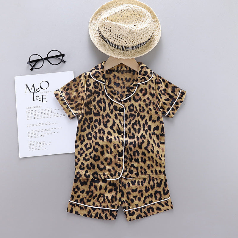 Children's Homewear Leopard Print Ice Silk Pajamas Short Sleeve Set