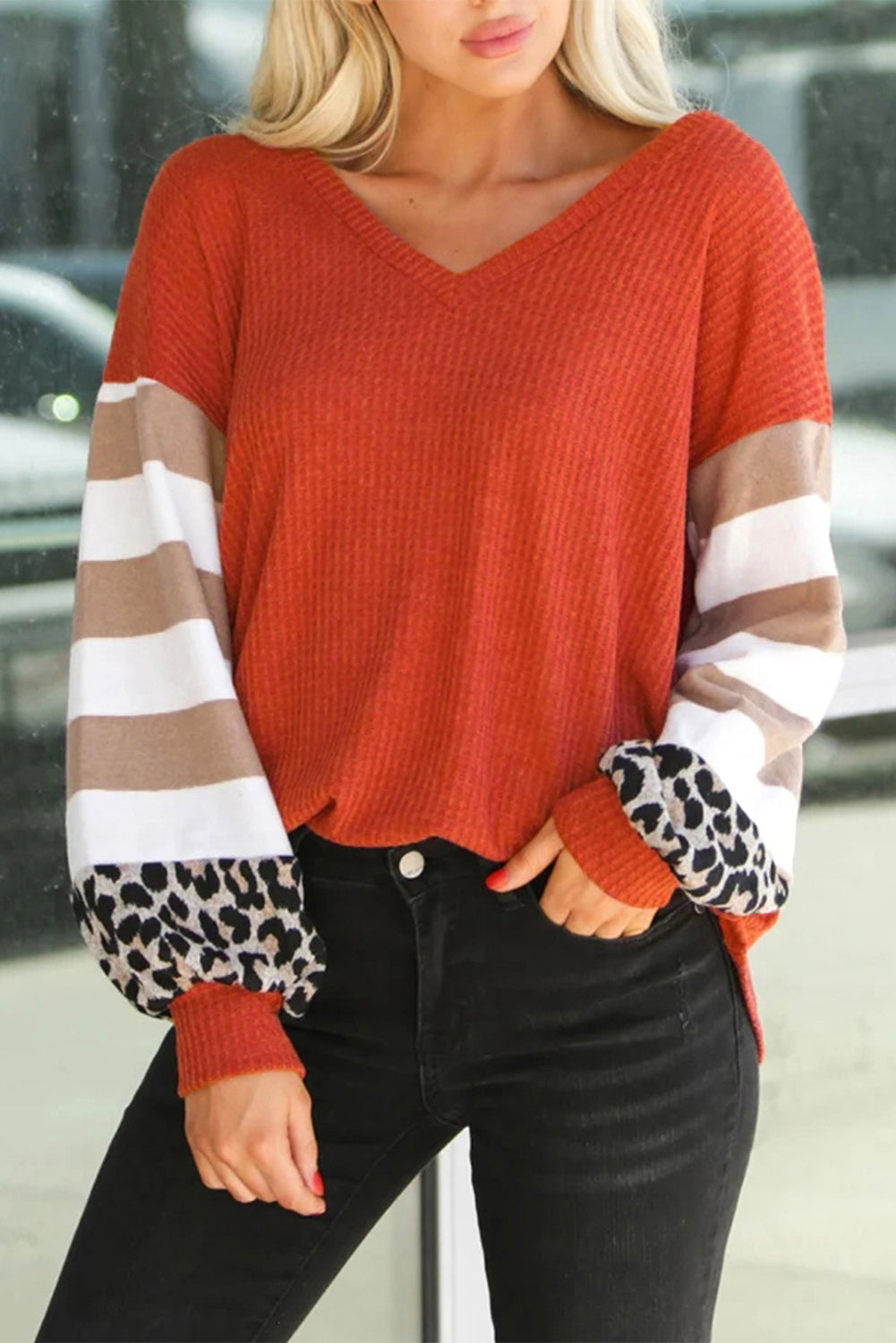 Striped and Leopard Print Color Block V Neck Long Sleeve Top - Babbazon Long Sleeve Tops