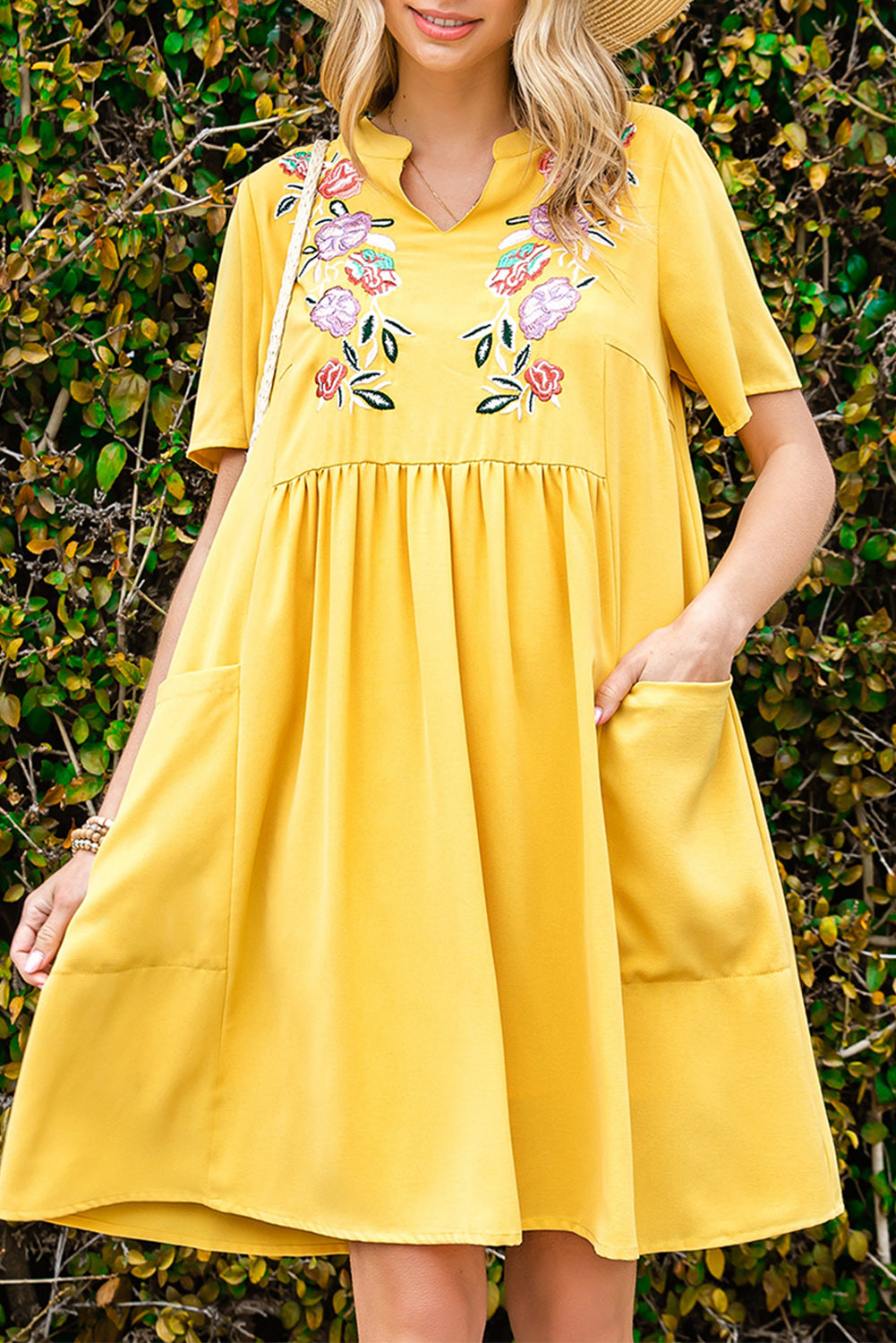 Yellow Floral Embroidered Split Neck Babydoll Swing Dress - Babbazon Short Dresses
