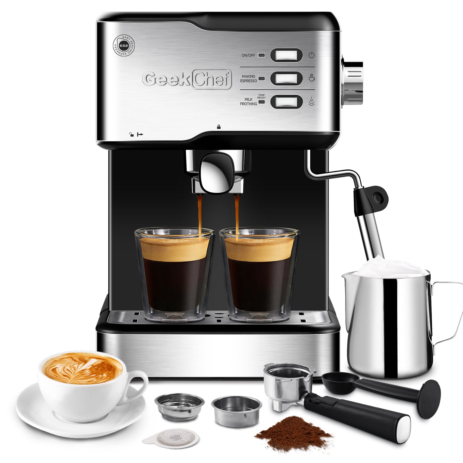 Geek Chef Espresso Machine, Espresso&Cappuccino Latte Maker 20 Bar Coffee Machine Compatible With ESE POD Capsules Filter&Milk Frother Steam Wand, 950W, 1.5L Water Tank,Ban On Amazon