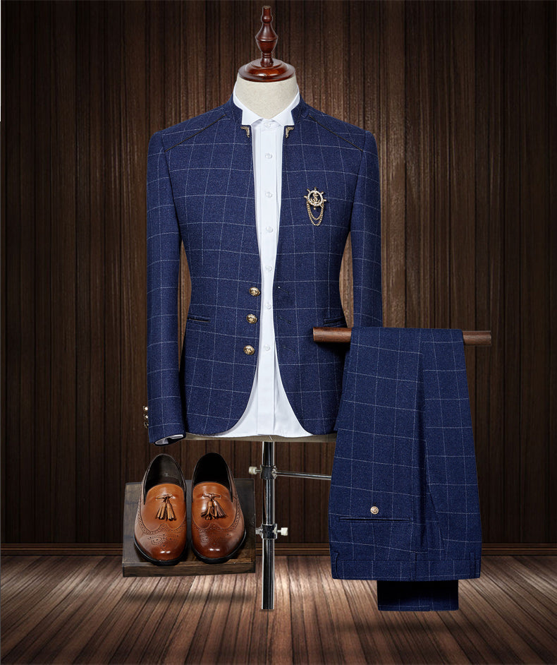 Business Men's Stand-up Collar Suit Two-piece Korean Style Sportsman Slim Suit Suit 
