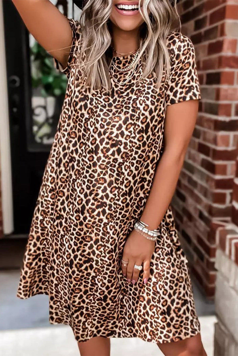 Casual Short Sleeve A-Line Crewneck Leopard Print Dress - Babbazon Short Dresses