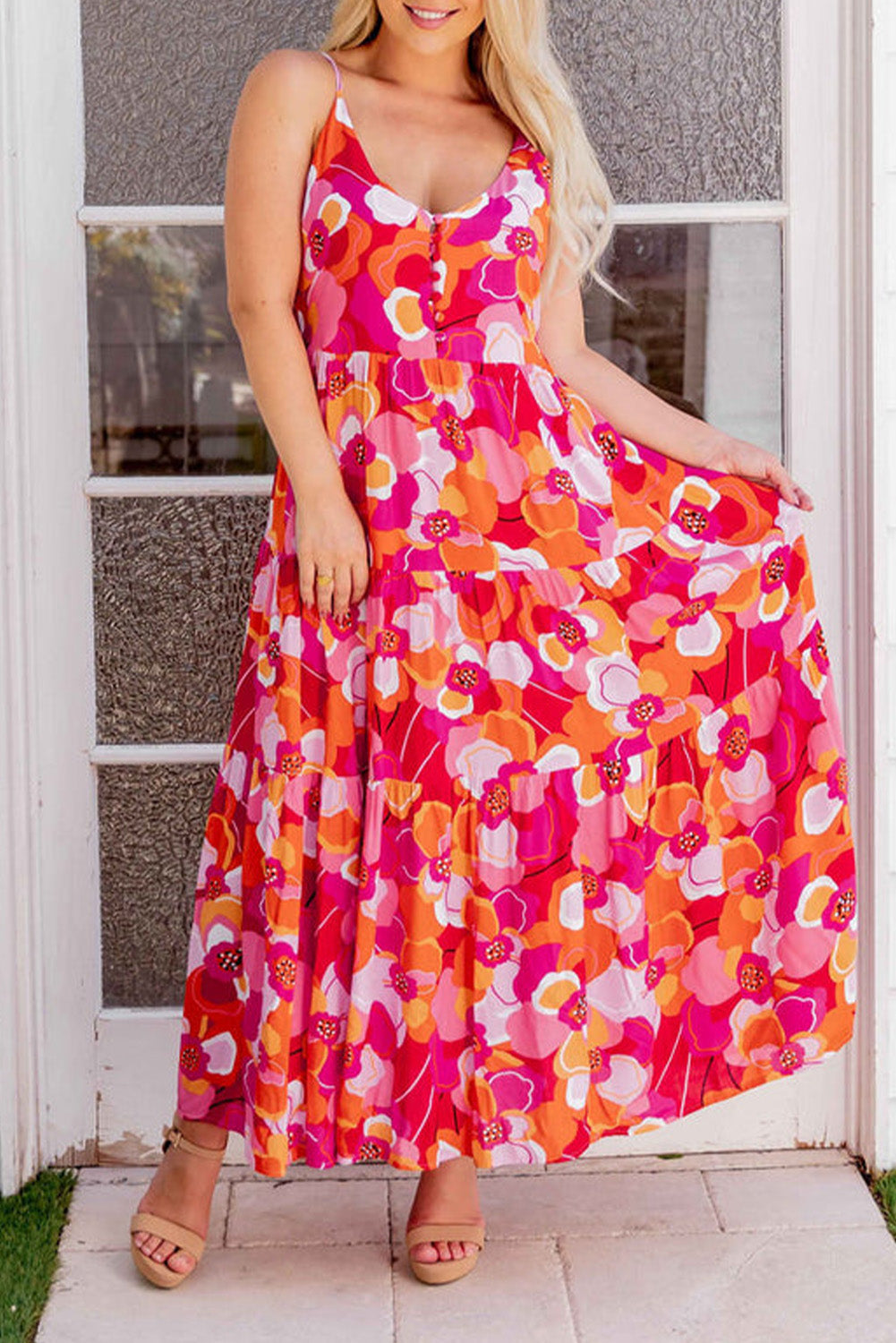 Multicolour V-neck Floral Print Spaghetti Strap Maxi Dress - Babbazon Maxi Dresses