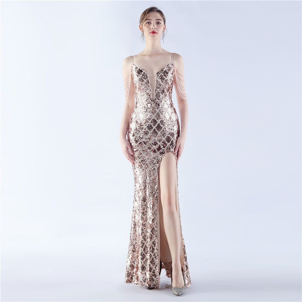 Fishbone Waist-tight Ratchet Tie Down Magic Color Sequin Craft Beaded High-end Evening Dress