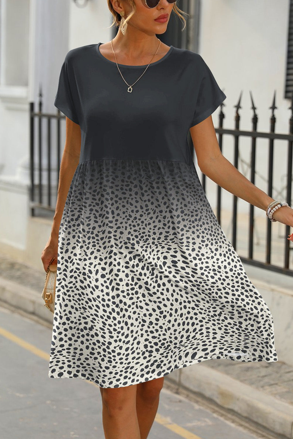 Leopard Dotted Contrast Casual Pocket T Shirt Dress - Babbazon Short Dresses