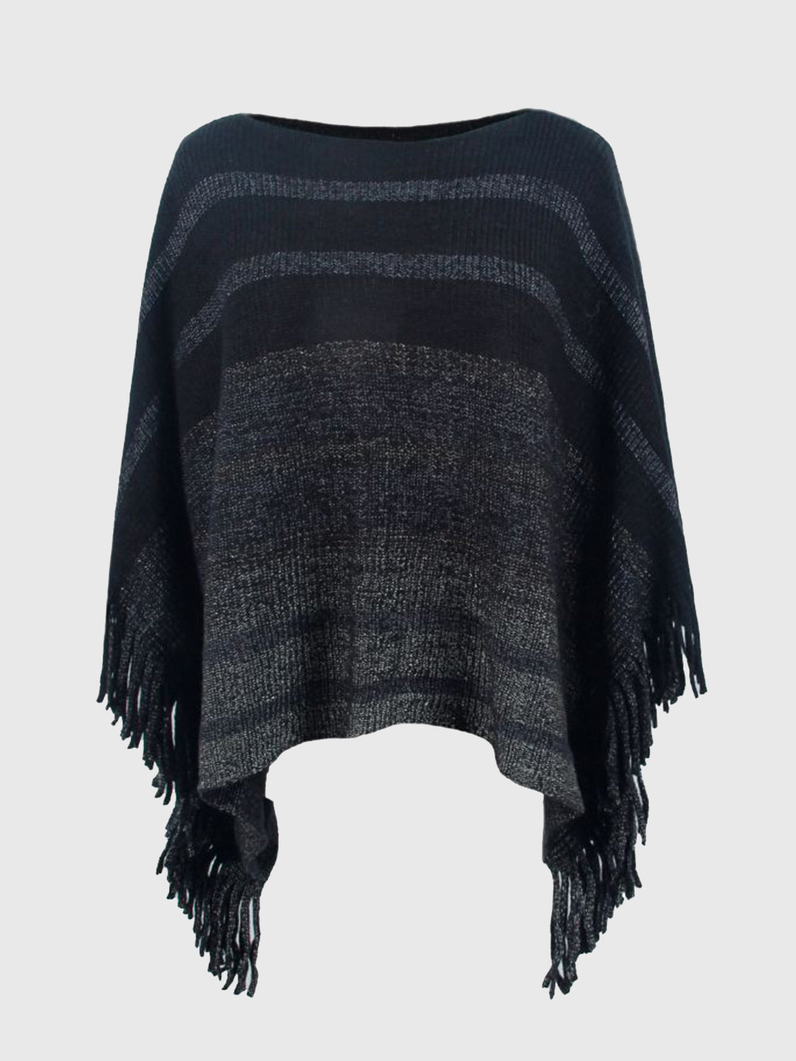 Striped Boat Neck Poncho with Fringes - Babbazon Ponchos