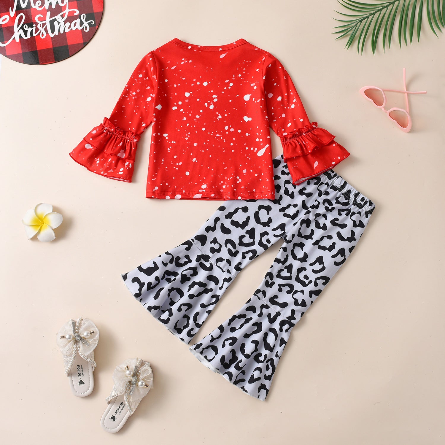 , Lace Long-sleeved Sweater Leopard Print Bell-bottom Pants Suit