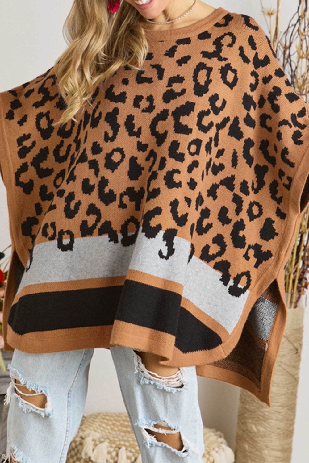 Leopard Print Colorblock Kimono Sleeve Shawl Sweater - Babbazon Sweaters