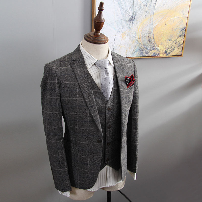 Retro British Suit Men's Three-piece Slim Plaid 