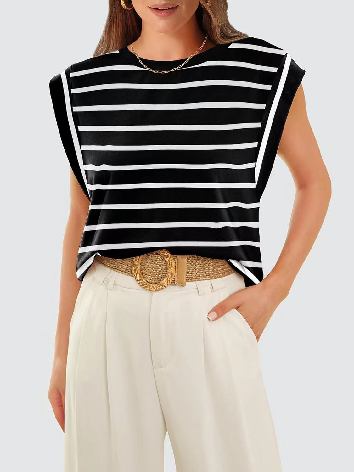 Striped Round Neck Cap Sleeve T-Shirt - Babbazon t-shirt
