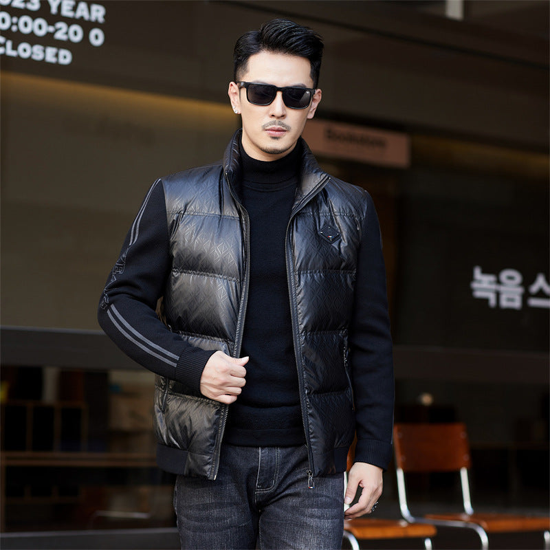 Down Jacket Men's Stand Collar Knitted Sleeve Casual Duck Down Coat 