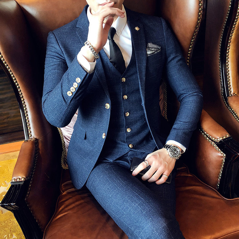 Slim-fit Three-piece Suit With Dark Pattern Business Casual 