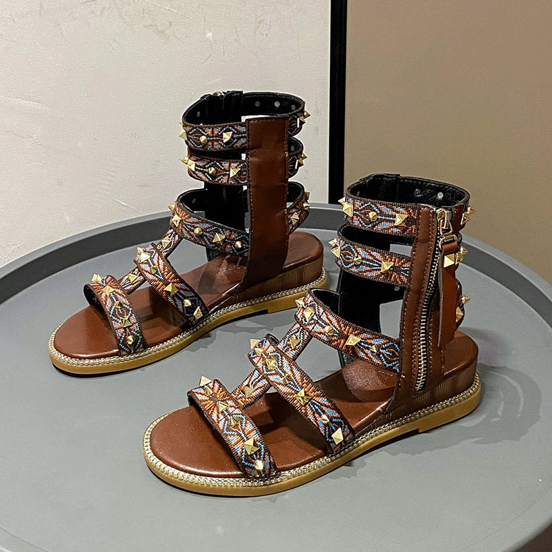 Summer 2023 Boho High-Top Side Zipper Roman Sandals 
