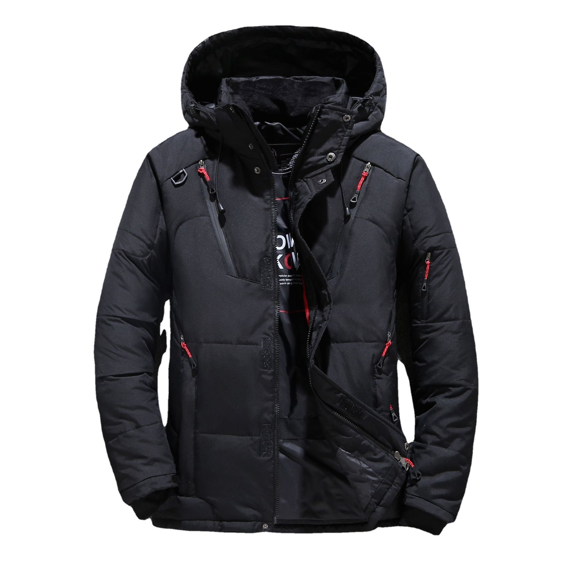 Men's Short Winter Thick White Duck Down Hooded Jacket Multi-pocket Outdoor Set 