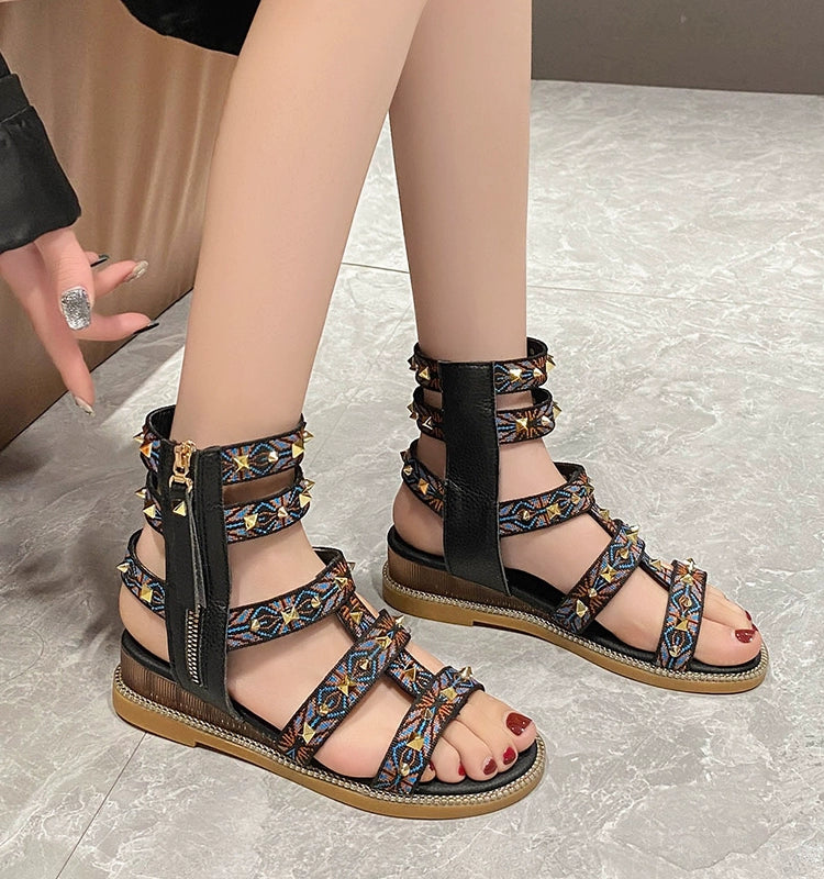Summer 2023 Boho High-Top Side Zipper Roman Sandals 